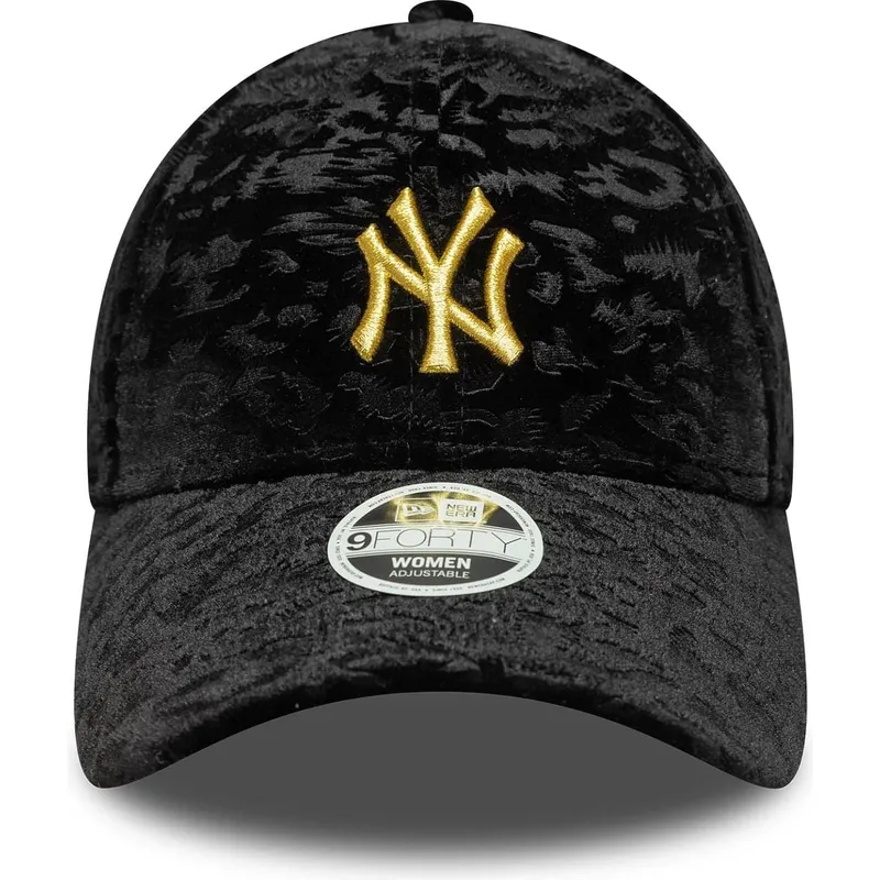 schwarze-verstellbare-curved-cap-fur-damen-mit-gelbem-logo-9forty-leo-velour-metallic-der-new-york-yankees-mlb-von-new-era