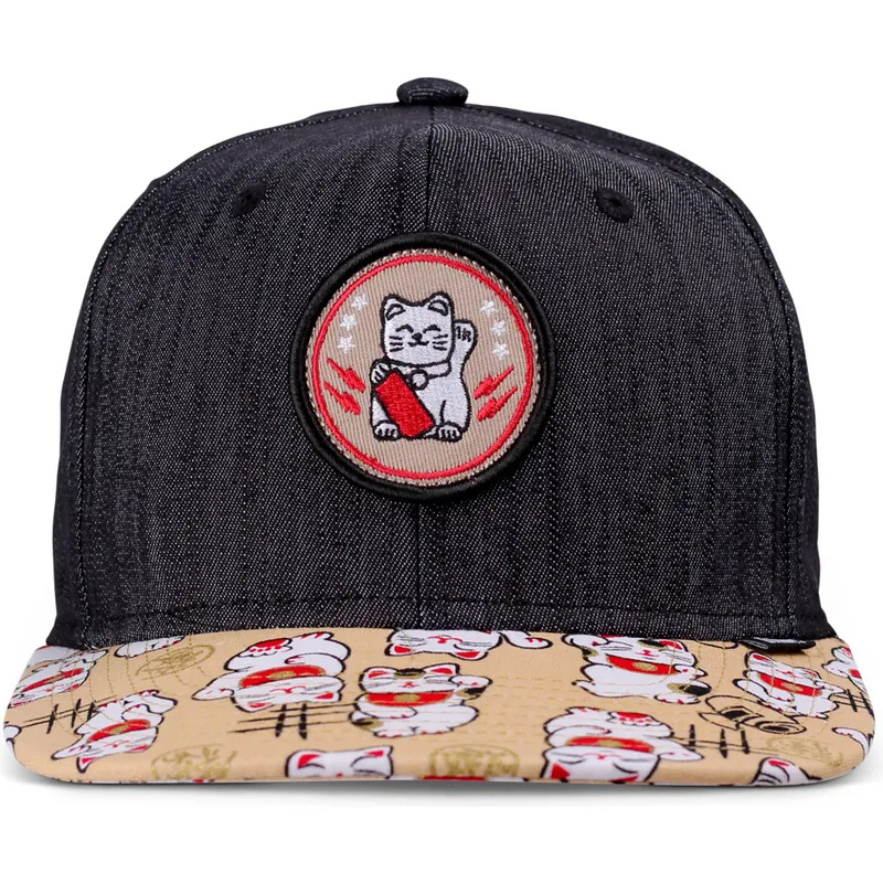 gorra-plana-negra-y-multicolor-snapback-para-nino-lucky-cat-linen-rev-de-djinns