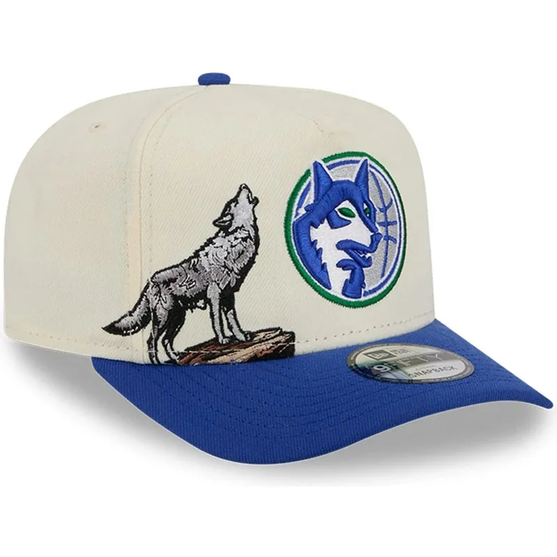 beige-und-blaue-gebogene-snapback-kappe-9fifty-a-frame-precurved-hardwood-classics-der-minnesota-timberwolves-nba-von-new-era