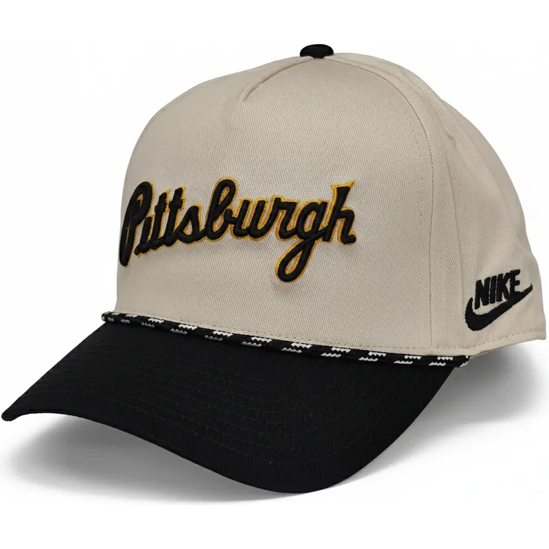 beige-und-schwarze-gebogene-snapback-kappe-rise-structured-der-pittsburgh-pirates-mlb-von-nike