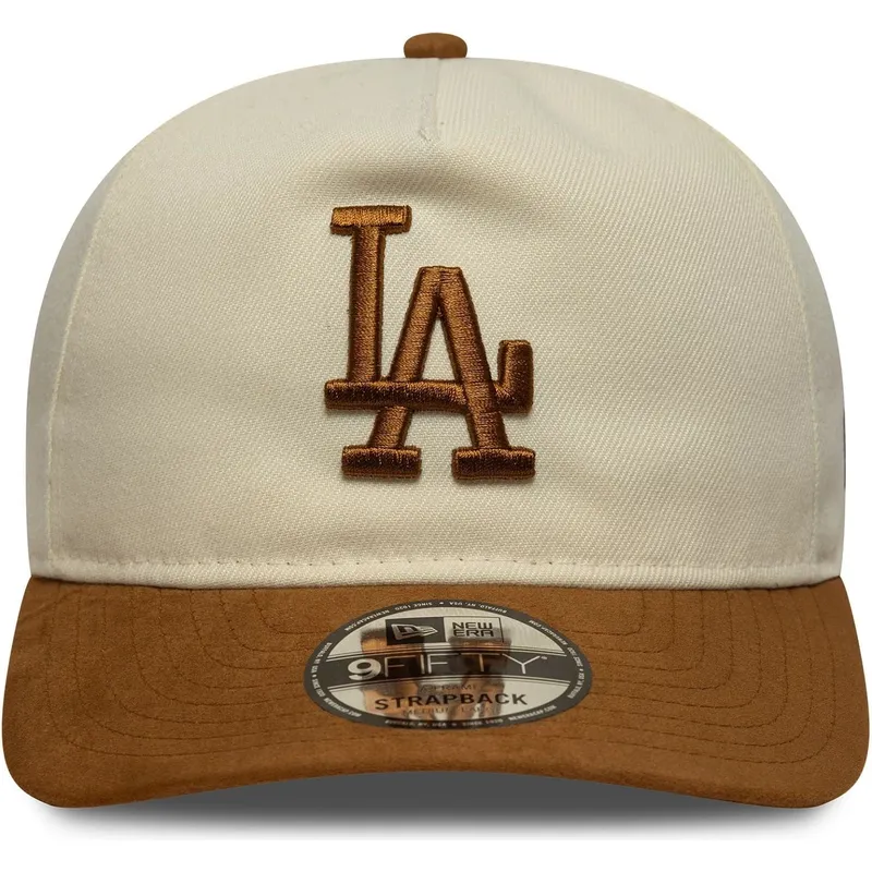 beige-und-braune-verstellbare-curved-cap-9fifty-a-frame-suede-visor-der-los-angeles-dodgers-mlb-von-new-era