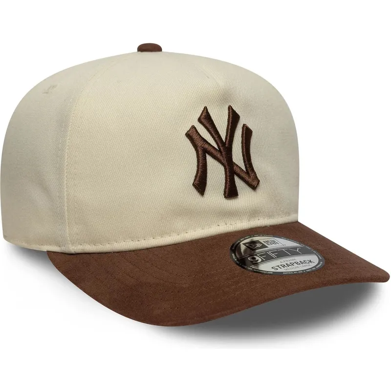 gorra-curva-beige-y-marron-ajustable-9fifty-a-frame-suede-visor-de-new-york-yankees-mlb-de-new-era