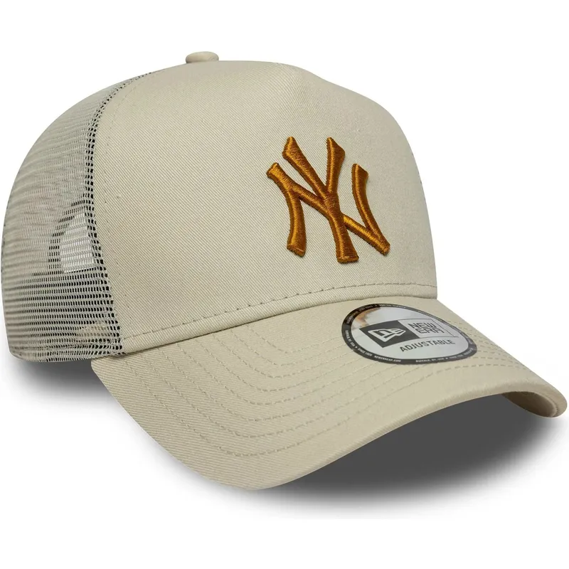 beige-trucker-cap-mit-braunem-logo-a-frame-league-essential-der-new-york-yankees-mlb-von-new-era