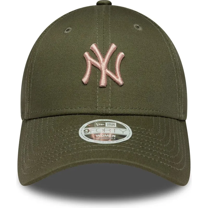 grune-verstellbare-curved-cap-mit-rosa-logo-fur-damen-9forty-league-essential-midi-der-new-york-yankees-mlb-von-new-era