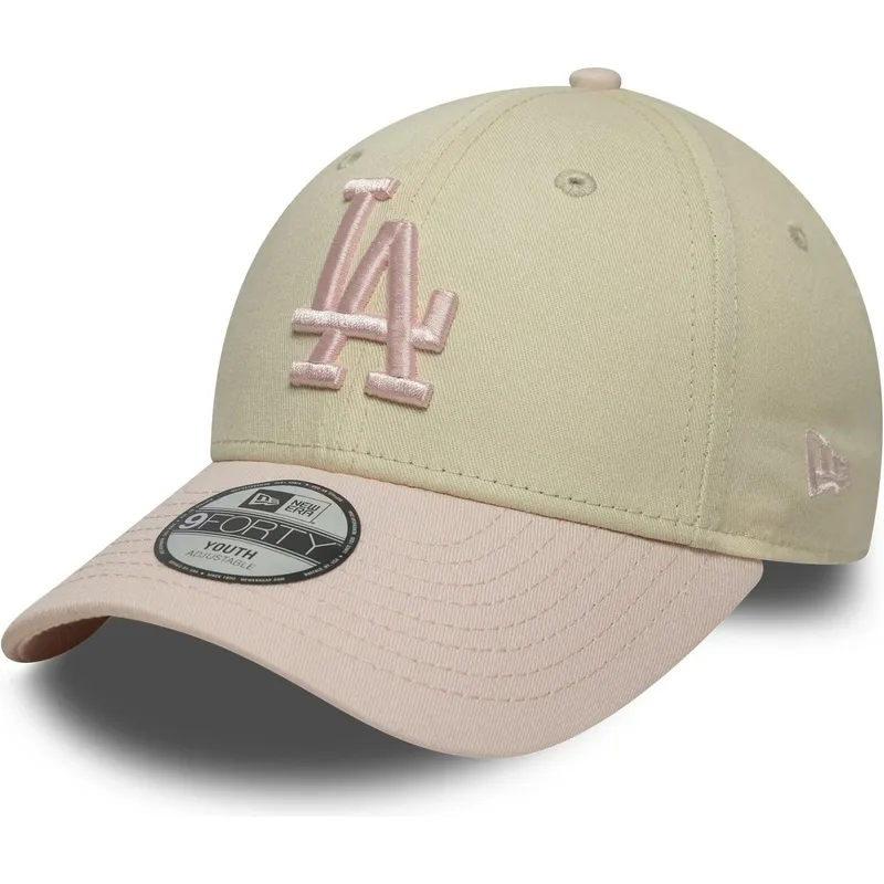 beige-und-rosa-verstellbare-gebogene-kappe-fur-kinder-9forty-league-essential-der-los-angeles-dodgers-mlb-von-new-era