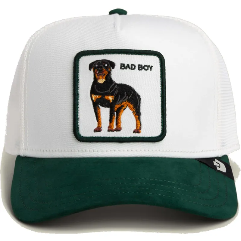 trucker-cap-weiss-und-grun-hund-rottweiler-microsuede-bad-boy-the-farm-von-goorin-bros
