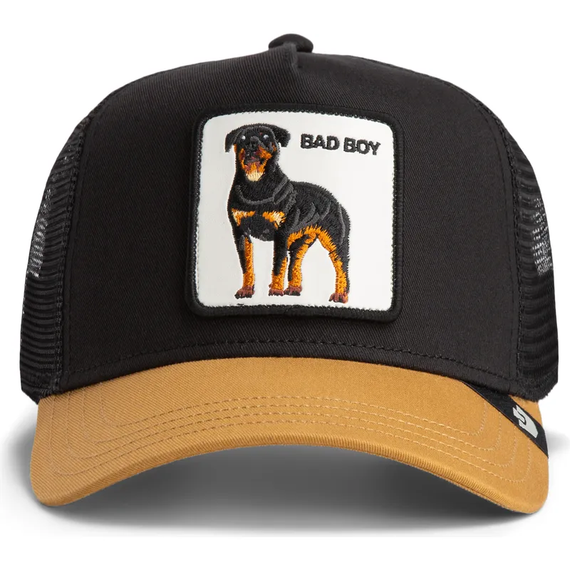 trucker-cap-schwarz-und-braun-hund-rottweiler-bad-boy-the-farm-von-goorin-bros