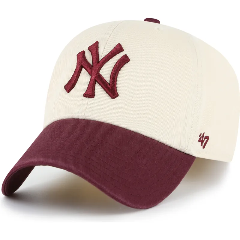 47-brand-curved-brim-clean-up-two-tone-no-loop-label-new-york-yankees-mlb-beige-and-maroon-adjustable-cap