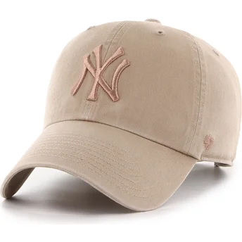 47 Brand Curved Brim Brown Logo Clean Up No Loop Label New York Yankees MLB Brown Adjustable Cap