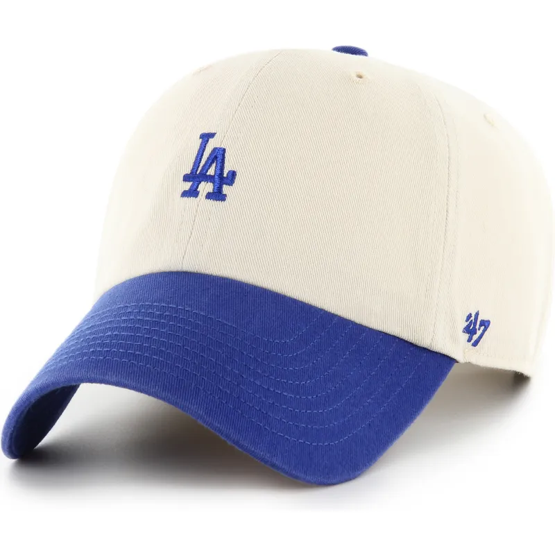 beige-und-blaue-verstellbare-gebogene-kappe-clean-up-base-runner-sure-shot-two-tone-der-los-angeles-dodgers-mlb-von-47-brand