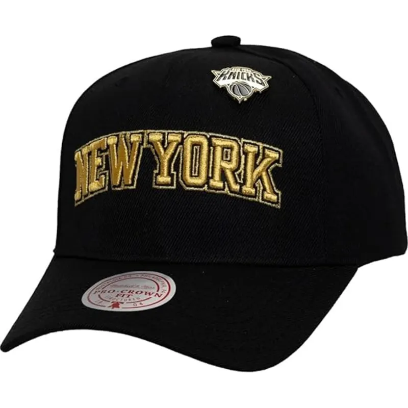 mitchell-ness-curved-brim-pinned-gold-pro-new-york-knicks-nba-black-snapback-cap