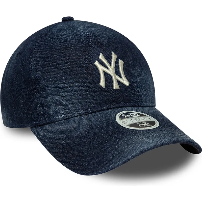 marineblaue-gebogene-verstellbare-damen-kappe-9twenty-a-frame-denim-der-new-york-yankees-mlb-von-new-era