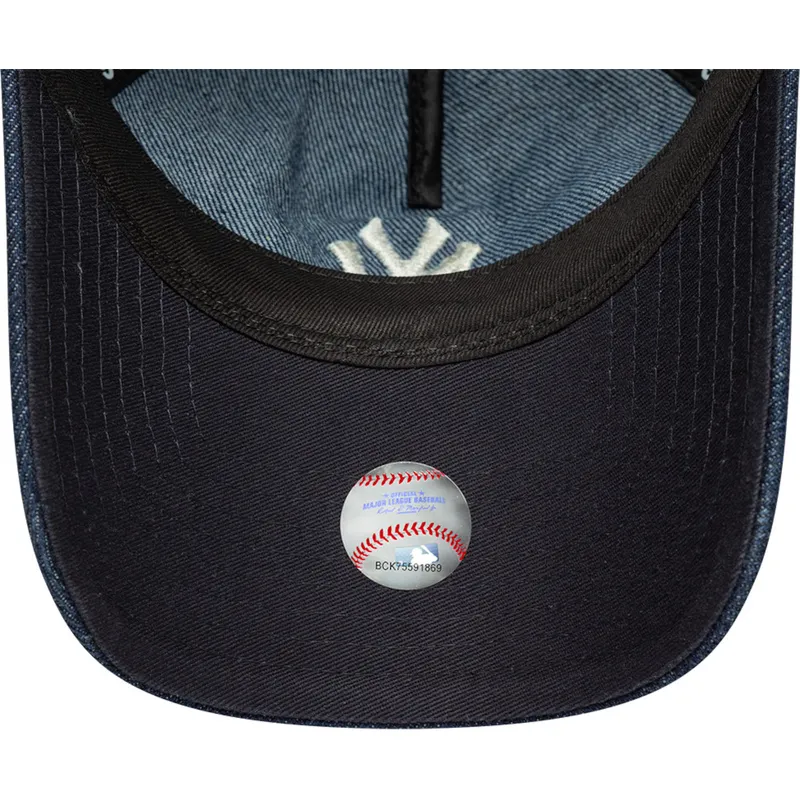 marineblaue-gebogene-verstellbare-damen-kappe-9twenty-a-frame-denim-der-new-york-yankees-mlb-von-new-era