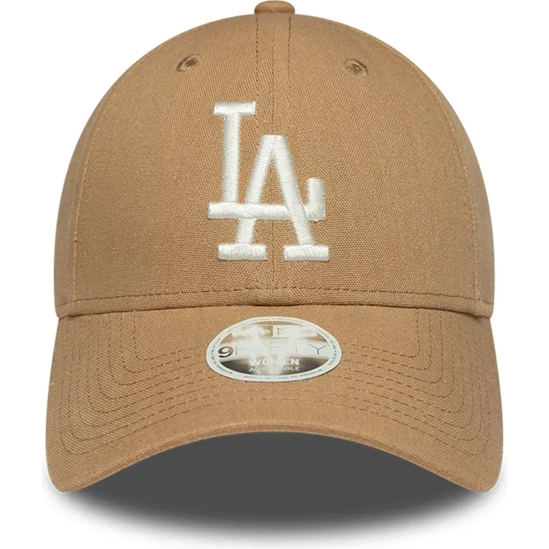 braune-gebogene-verstellbare-damenkappe-9forty-linen-der-los-angeles-dodgers-mlb-von-new-era
