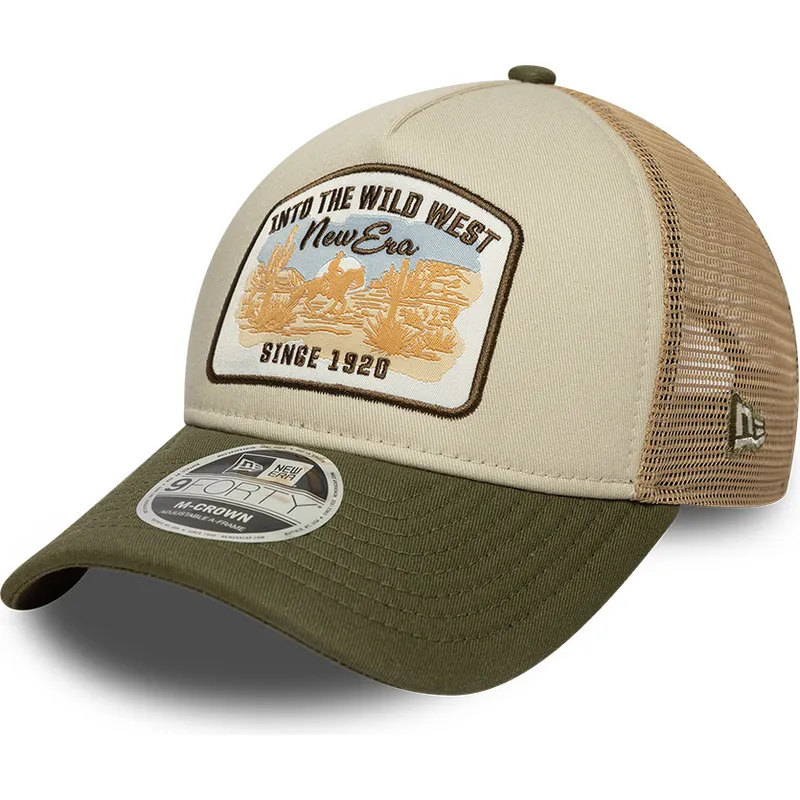 beige-och-gron-trucker-keps-9forty-m-crown-a-frame-fran-new-era