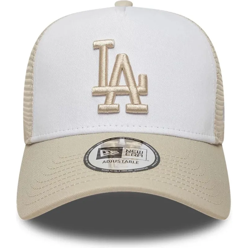 beige-und-weisse-trucker-kappe-mit-beigem-logo-a-frame-league-essential-der-los-angeles-dodgers-mlb-von-new-era