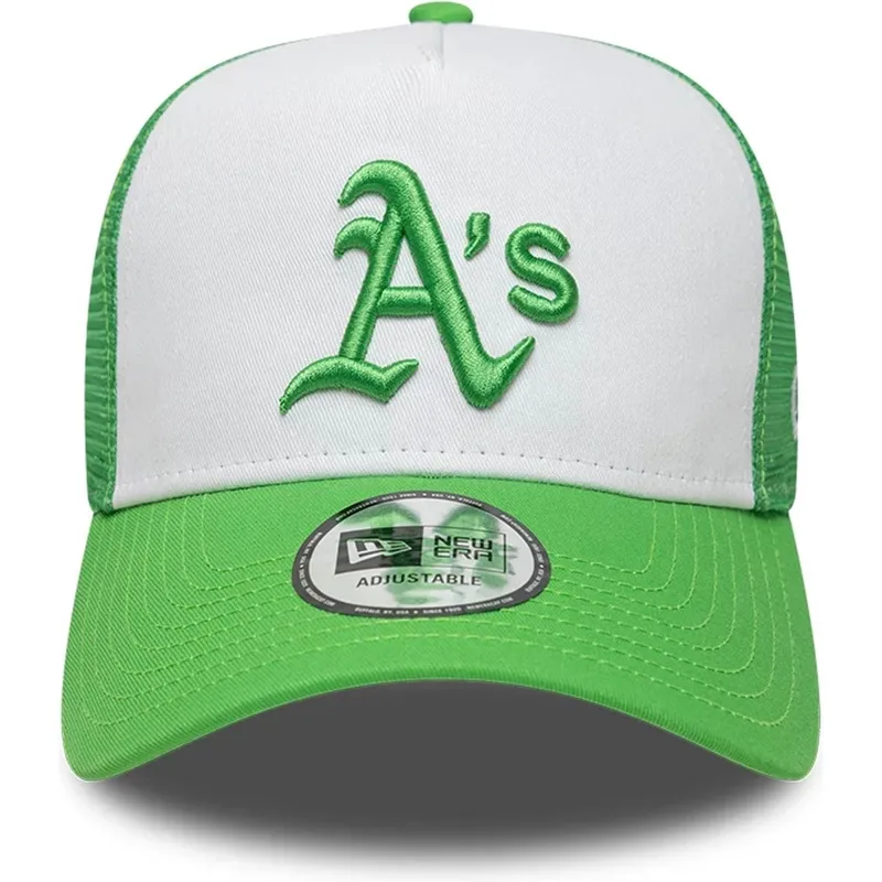 grune-und-weisse-trucker-cap-mit-grunem-logo-a-frame-league-essential-von-oakland-athletics-mlb-von-new-era