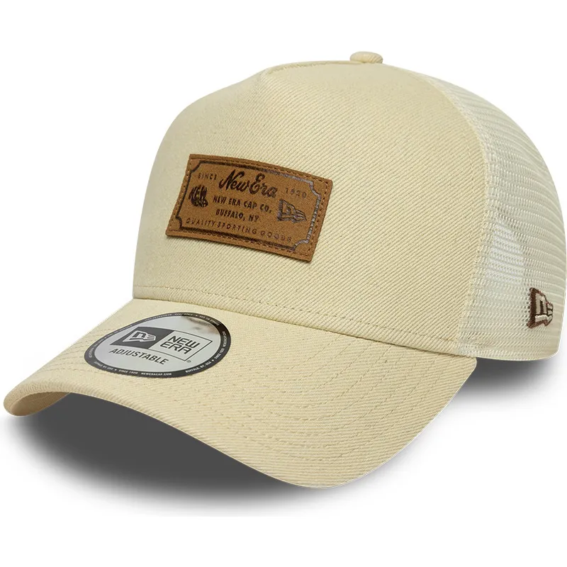 beige-trucker-keps-a-frame-denim-leather-patch-fran-new-era