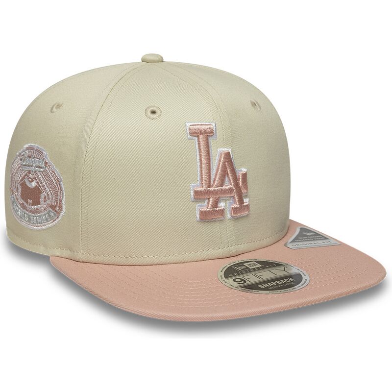 new-era-flat-brim-pink-logo-9fifty-original-fit-world-series-patch-los-angeles-dodgers-mlb-beige-snapback-cap